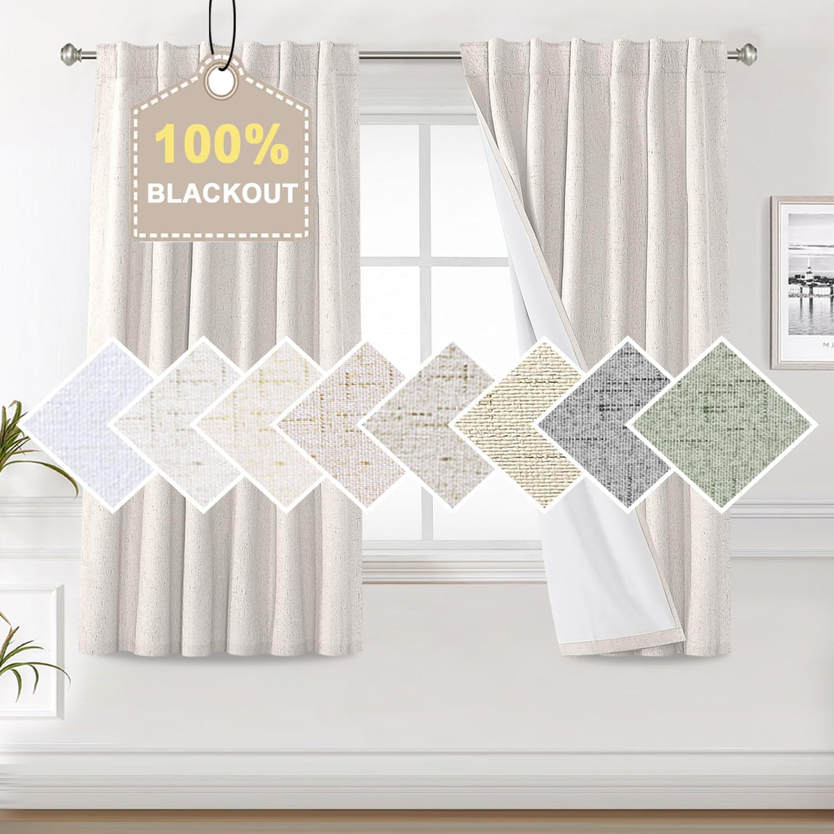 100% Blackout Curtains for Bedroom Faux Linen Texture Thermal Back Tab/Rod Pocket/Hook Belt Draperies 2 Panels