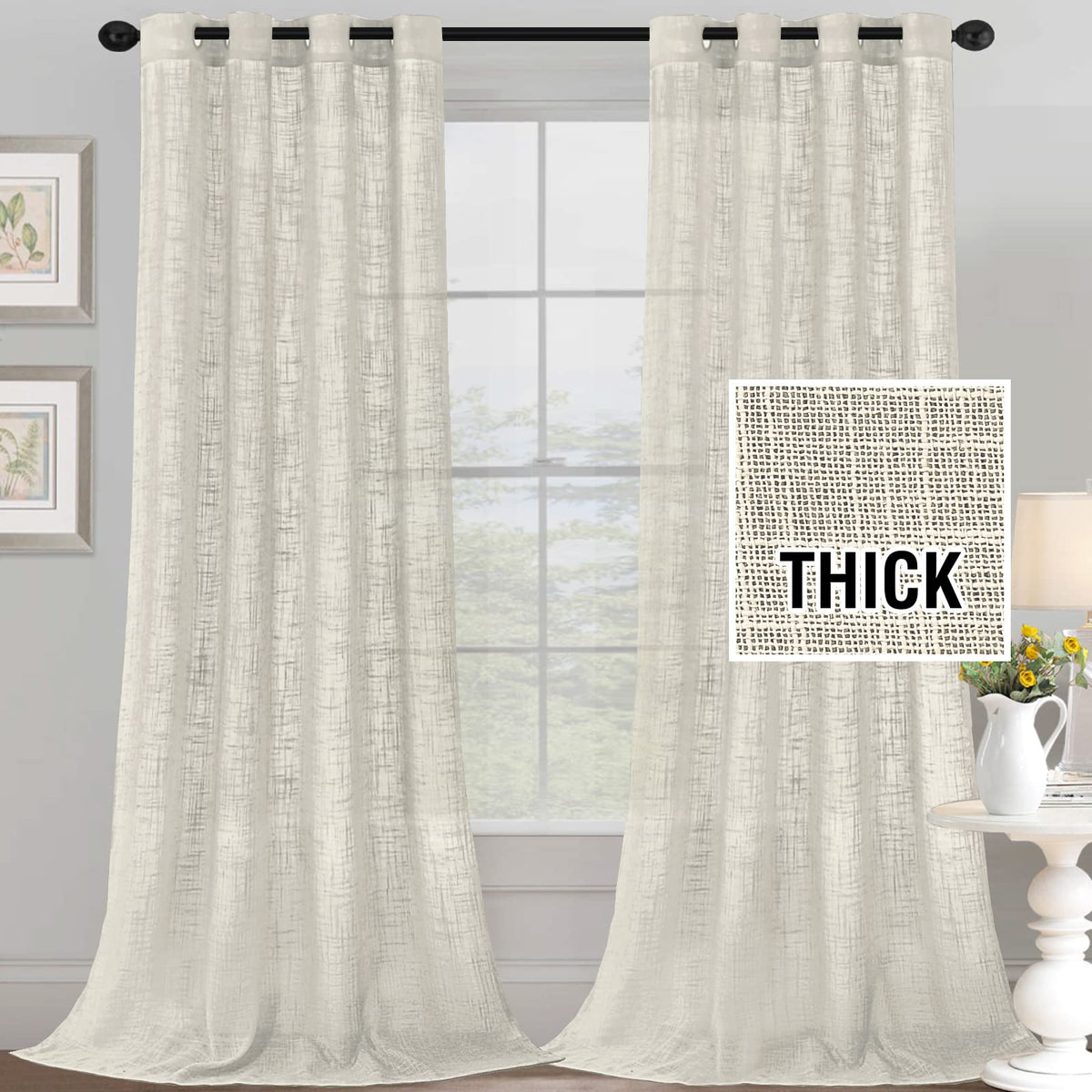 h.versailtx Linen Blended Curtains Natural Linen Textured Light Filtering Nickel Grommet 2 Panel Sets product image