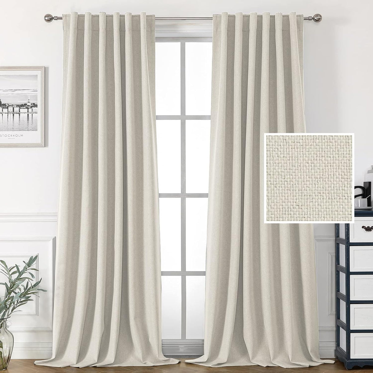 H.VERSAILTEX 100% Blackout Linen Look Curtains for Bedroom 84 inch Light Blocking Drapes with Double Face Linen Back Tab Loop Pocket Textured Burlap Curtains for Living Room 2 Panels, Heather White