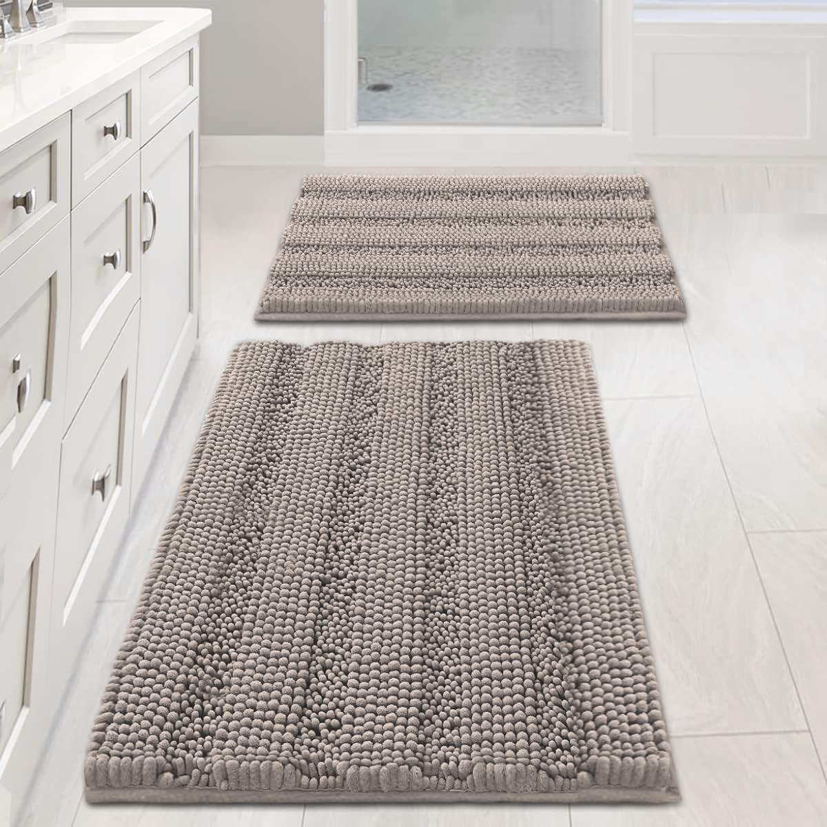 2pcs H.VERSAILTEX Sage Bathroom Rugs, Bath Mat Set of 2 Extra Thick Chenille Striped Pattern Shaggy Bath Rugs for Bathroom, Non Skid Bath Mats for Bathroom Floor