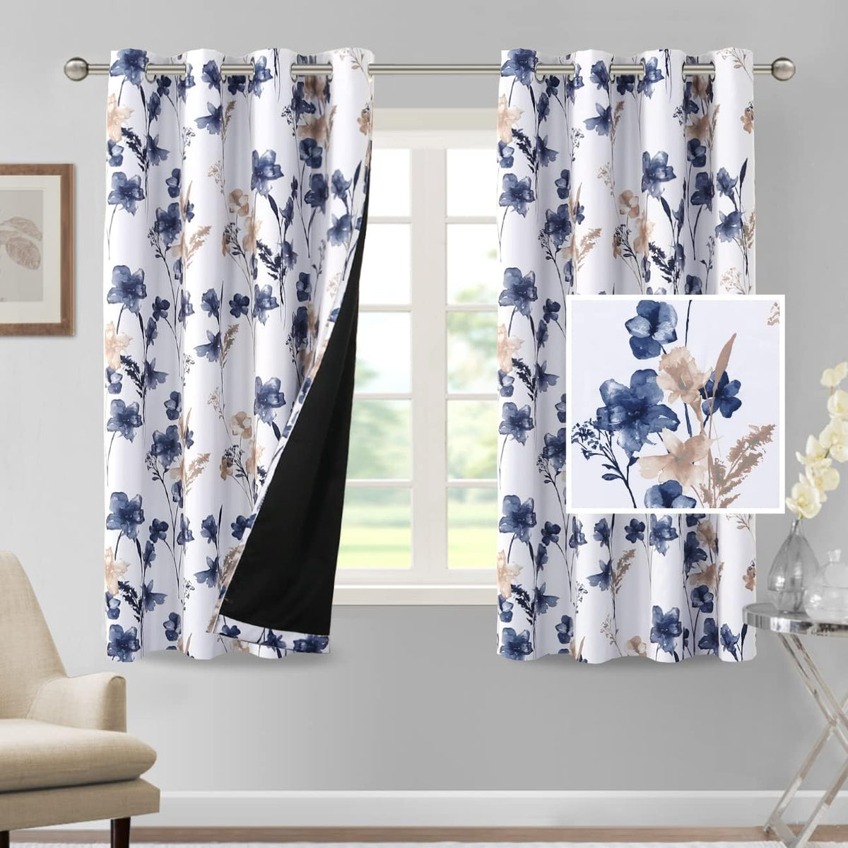 H.VERSAILTEX 100% Blackout Curtains for Living Room Camellia Floral 84 Inches Long Light Blocking Window Treatment with Black Liner Grommet Thermal Drapes, 2 Panels, Grey