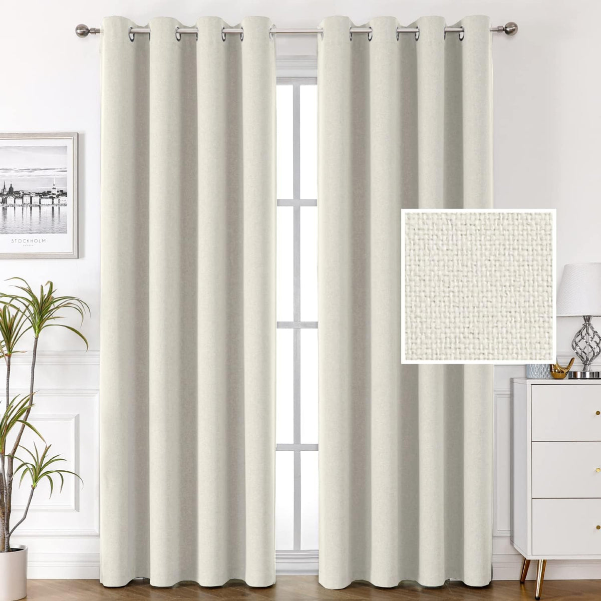 H.VERSAILTEX 100% Blackout Linen Curtains, Thermal Curtains for Living Room & Bedroom, Textured Burlap Curtains with Double Face Linen, Grommet Top, 52 x 84 Inch, 2 Panels - Heather Ivory