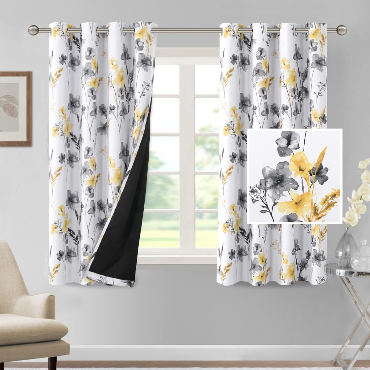 H.VERSAILTEX 100% Blackout Curtains for Living Room Camellia Floral 84 Inches Long Light Blocking Window Treatment with Black Liner Grommet Thermal Drapes, 2 Panels, Grey