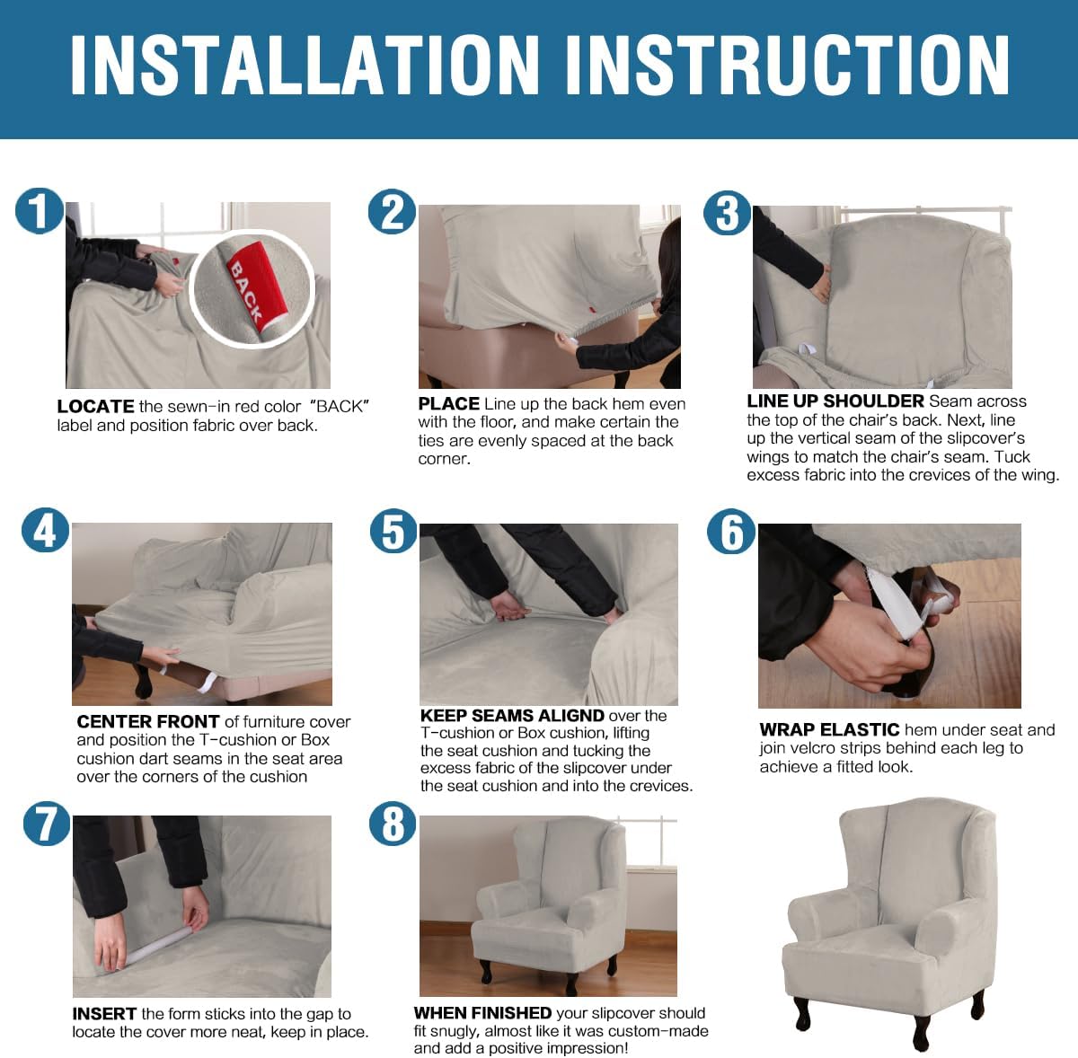 H.VERSAILTEX Velvet Wingback Chair Cover – Plush High Stretch Slipcover, 1 Piece