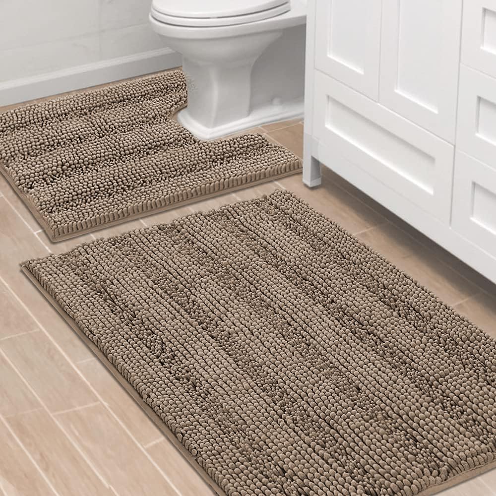 2pcs H.VERSAILTEX Sage Bathroom Rugs, Bath Mat Set of 2 Extra Thick Chenille Striped Pattern Shaggy Bath Rugs for Bathroom, Non Skid Bath Mats for Bathroom Floor