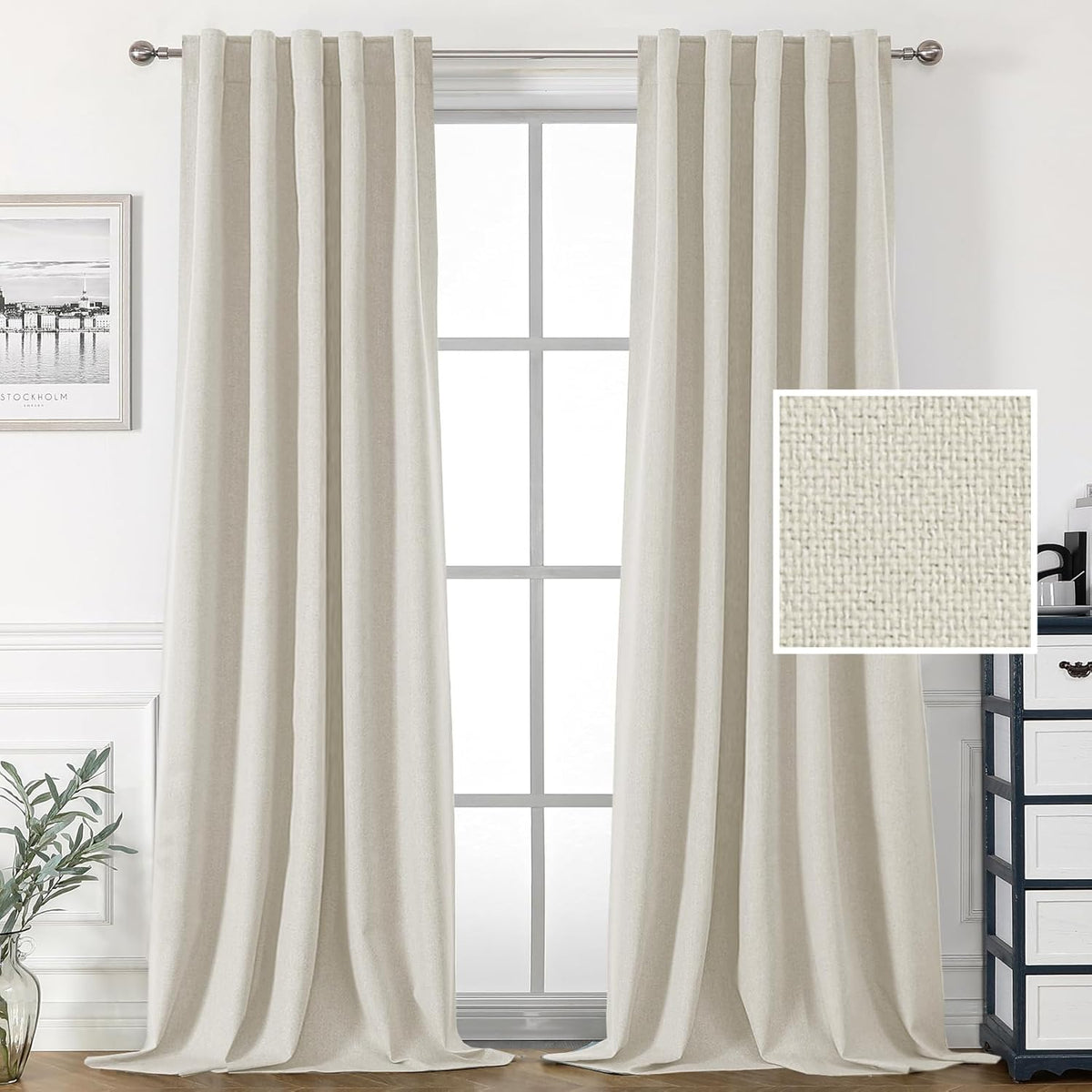 H.VERSAILTEX 100% Blackout Linen Look Curtains for Bedroom 84 inch Light Blocking Drapes with Double Face Linen Back Tab Loop Pocket Textured Burlap Curtains for Living Room 2 Panels, Heather White