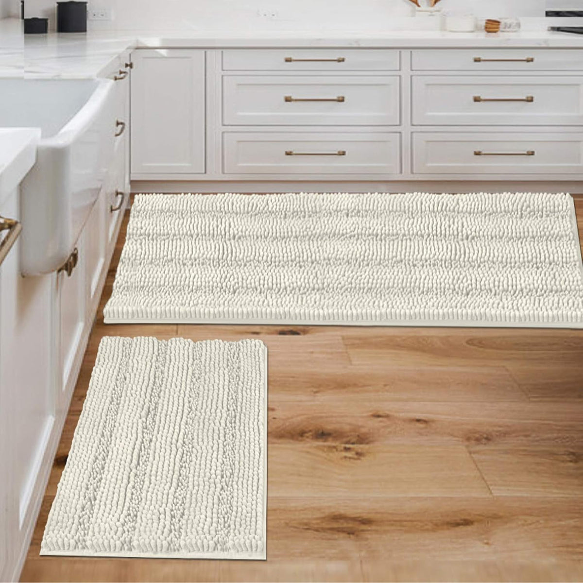 2pcs H.VERSAILTEX Sage Bathroom Rugs, Bath Mat Set of 2 Extra Thick Chenille Striped Pattern Shaggy Bath Rugs for Bathroom, Non Skid Bath Mats for Bathroom Floor