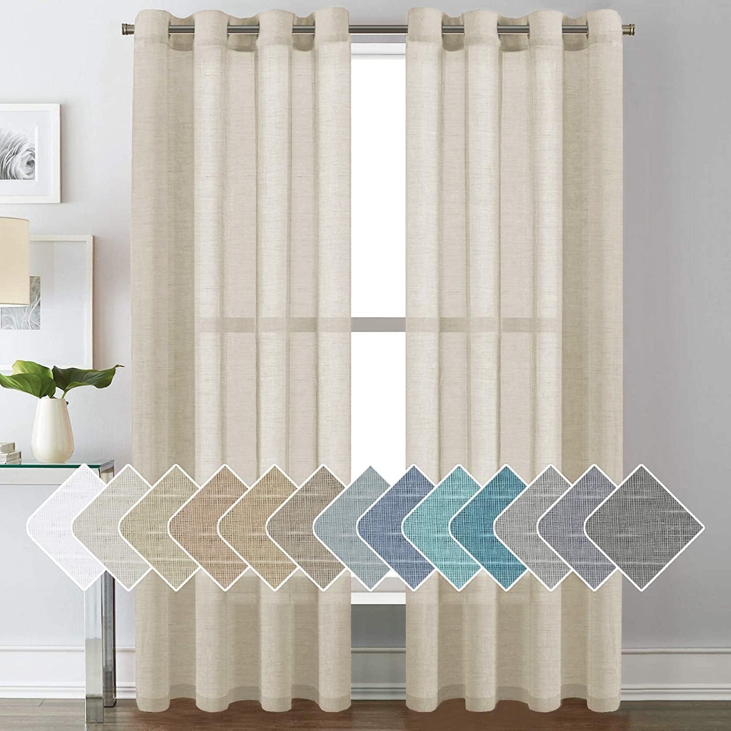 2pcs H.VERSAILTEX Natural Linen Sheer Curtains Flax Linen Blended Curtain Panels Living Room Sheer Curtains, Nickel Grommet Semitransparent Semi-Sheer Soft Privacy Drapes