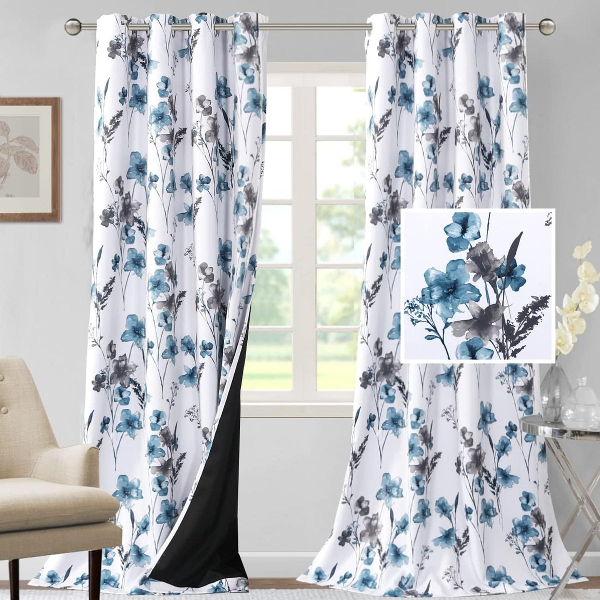 H.VERSAILTEX 100% Blackout Curtains for Living Room Camellia Floral 84 Inches Long Light Blocking Window Treatment with Black Liner Grommet Thermal Drapes, 2 Panels, Grey