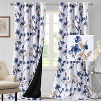 H.VERSAILTEX 100% Blackout Curtains for Living Room Camellia Floral 84 Inches Long Light Blocking Window Treatment with Black Liner Grommet Thermal Drapes, 2 Panels, Grey
