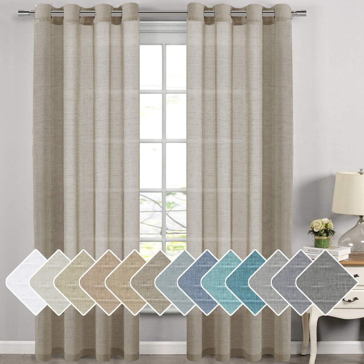 2pcs H.VERSAILTEX Natural Linen Sheer Curtains Flax Linen Blended Curtain Panels Living Room Sheer Curtains, Nickel Grommet Semitransparent Semi-Sheer Soft Privacy Drapes