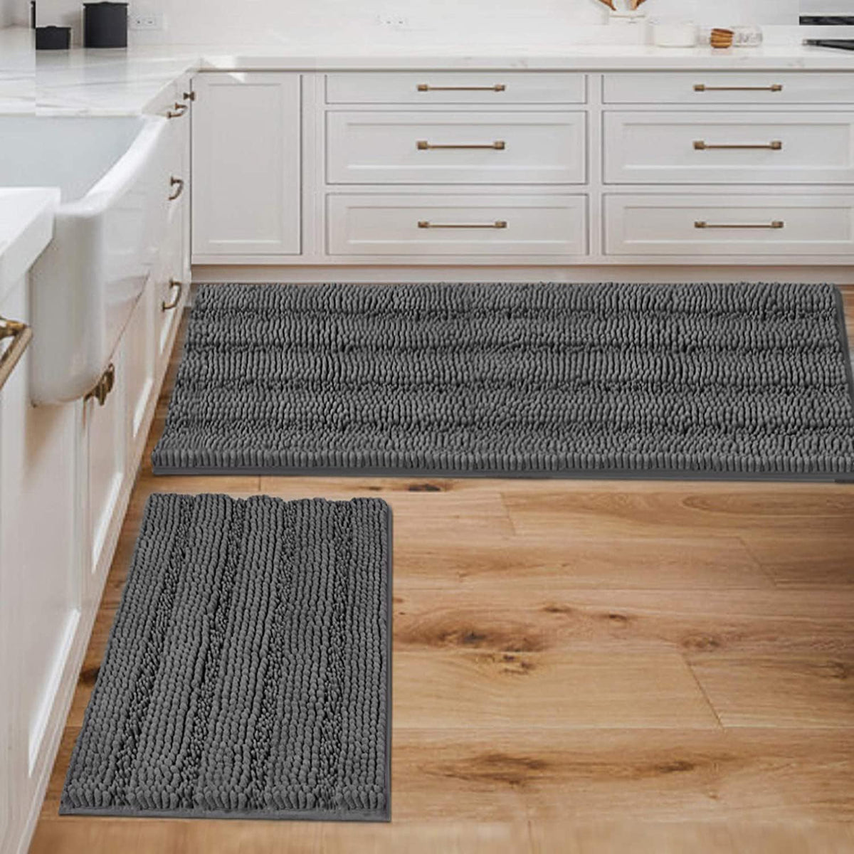 2pcs H.VERSAILTEX Sage Bathroom Rugs, Bath Mat Set of 2 Extra Thick Chenille Striped Pattern Shaggy Bath Rugs for Bathroom, Non Skid Bath Mats for Bathroom Floor