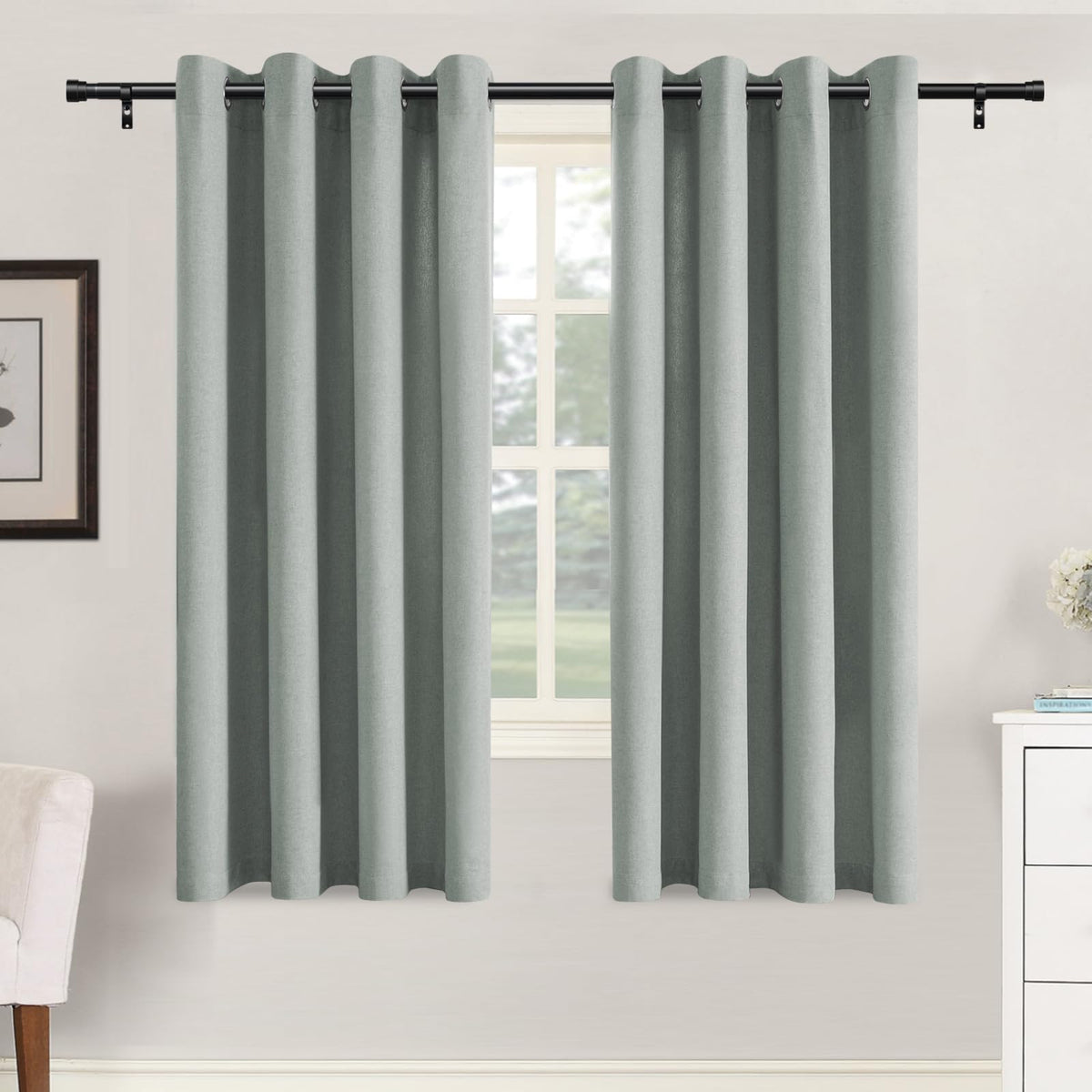 H.VERSAILTEX Grommet Natural Linen Textured Kitchen Curtains 45 inch Length, Thick Faux Linen Room Darkening Window Treatment Set for Farmhouse/Bedroom 52W x 45L,2 Panels,Heather Aqua