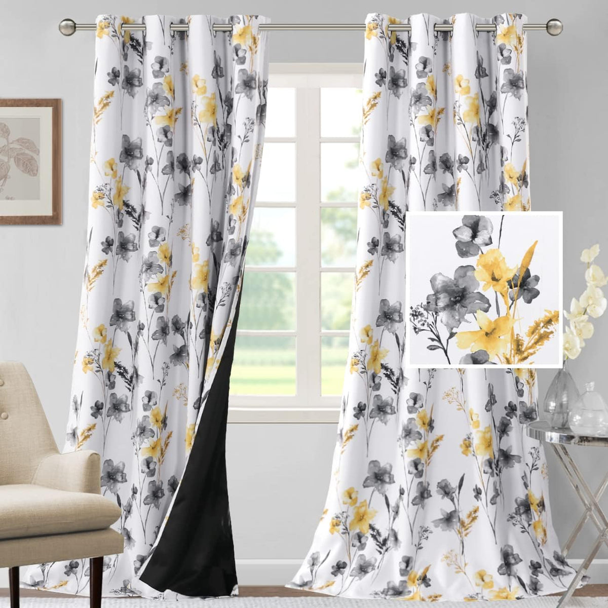 H.VERSAILTEX 100% Blackout Curtains for Living Room Camellia Floral 84 Inches Long Light Blocking Window Treatment with Black Liner Grommet Thermal Drapes, 2 Panels, Grey