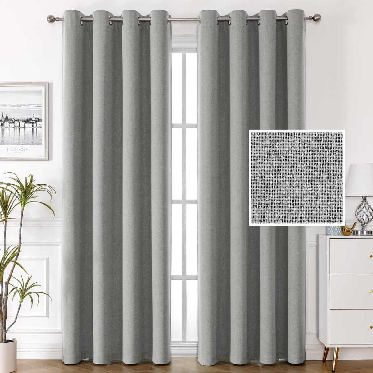 H.VERSAILTEX 100% Blackout Linen Curtains, Thermal Curtains for Living Room & Bedroom, Textured Burlap Curtains with Double Face Linen, Grommet Top, 52 x 84 Inch, 2 Panels - Heather Ivory