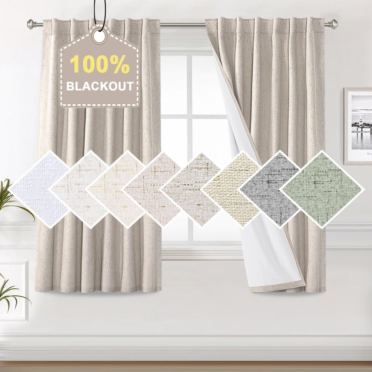 100% Blackout Curtains for Bedroom Faux Linen Texture Thermal Back Tab/Rod Pocket/Hook Belt Draperies 2 Panels