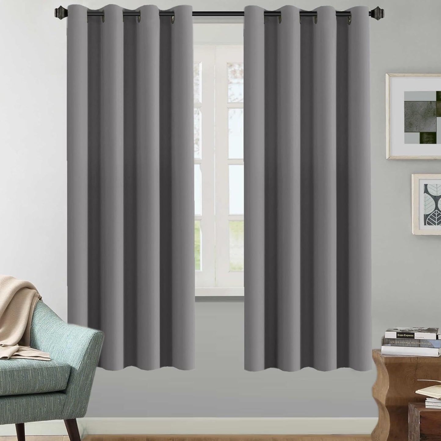 H.VERSAILTEX Stone Blue Blackout Curtains for Bedroom/Living Room 2 Panels Set - Thermal Insulated Room Darkening Grommet Top Blue Curtains