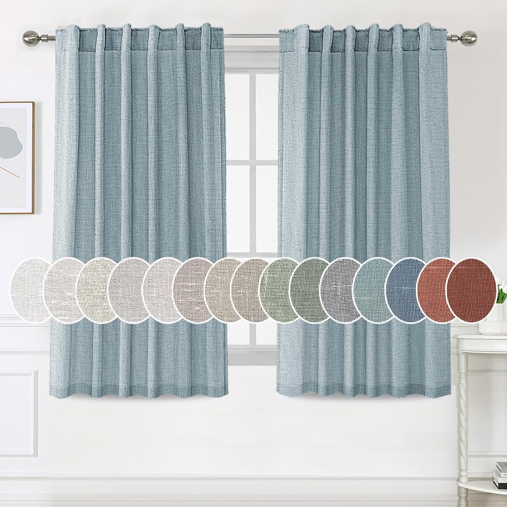 H.VERSAILTEX Natural Linen Curtains 45 inches Long for Living Room 2 Panels Back Tab Loop Pocket Linen Semi Sheer Curtains Light Filtering Rustic Farmhouse Boho Curtain for Bedroom