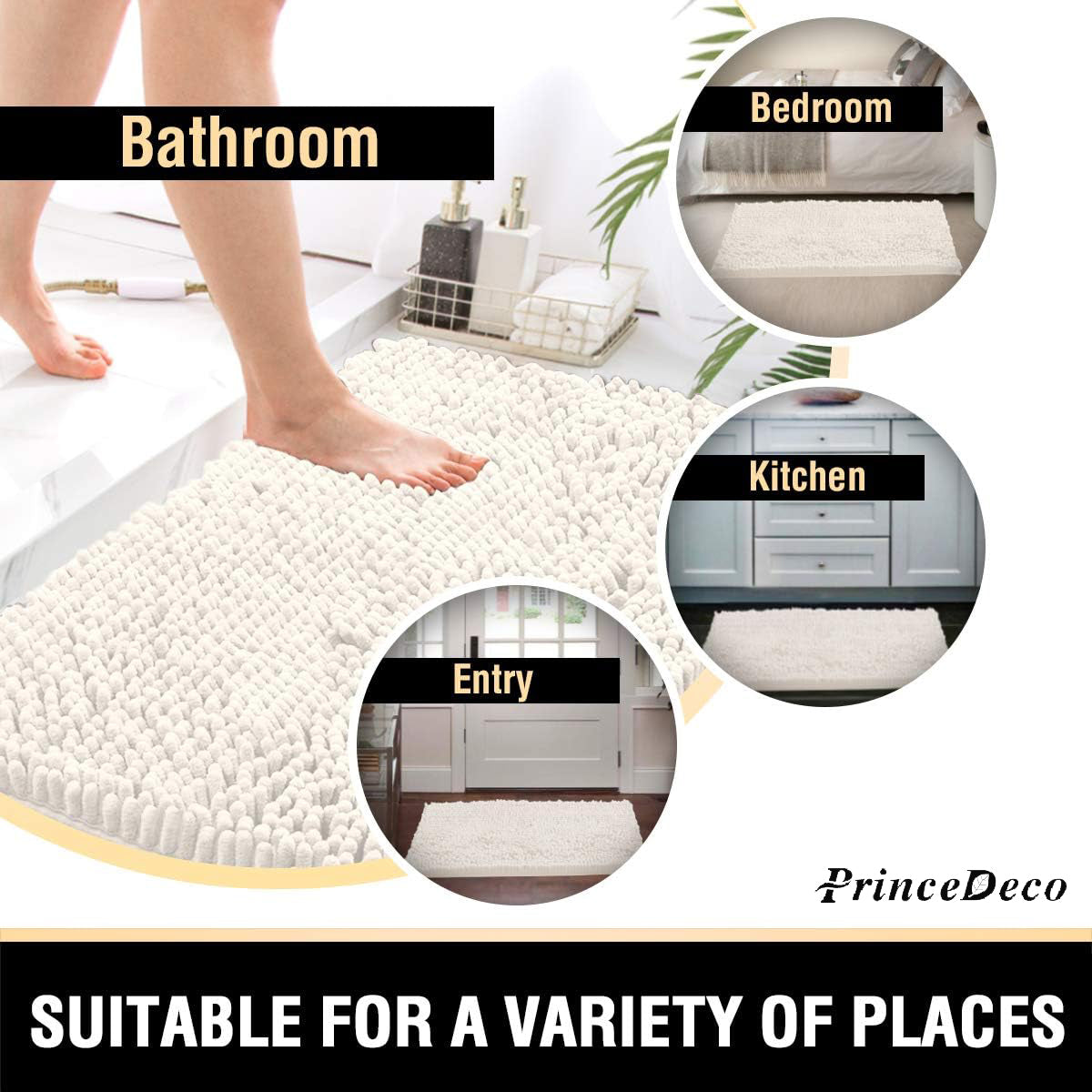 Prince Deco Bathroom Rugs Bath Mats for Bathroom Non Slip Chenille Bathroom Runner Rug Extra Soft and Absorbent Shaggy Rugs Washable Dry Fast Plush Area Carpet Mats for Bath Room