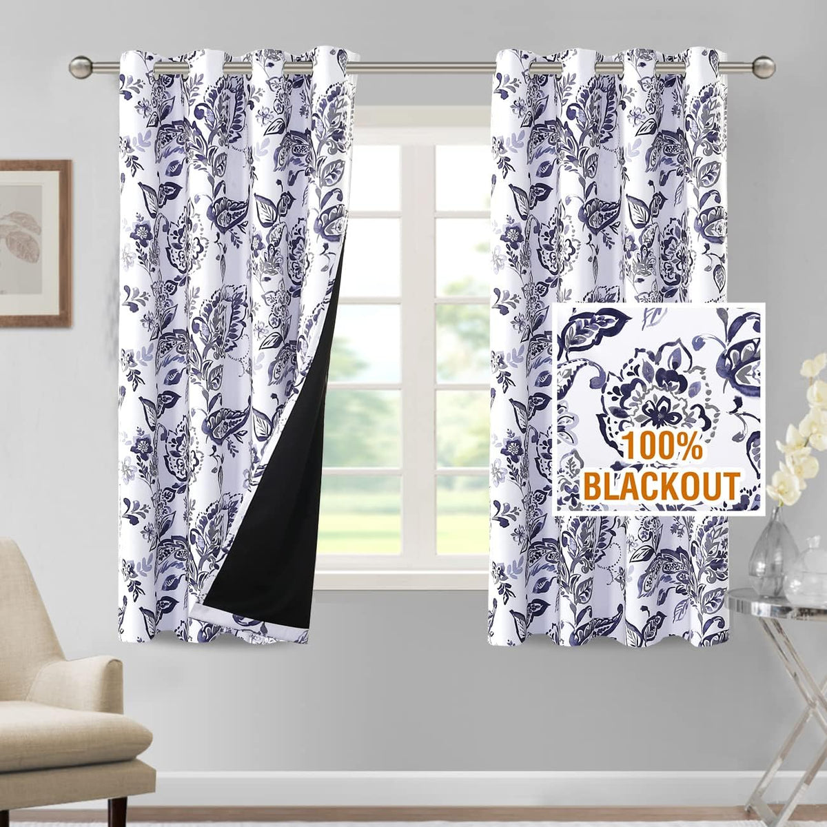 H.VERSAILTEX 100% Blackout Curtains for Living Room Camellia Floral 84 Inches Long Light Blocking Window Treatment with Black Liner Grommet Thermal Drapes, 2 Panels, Grey