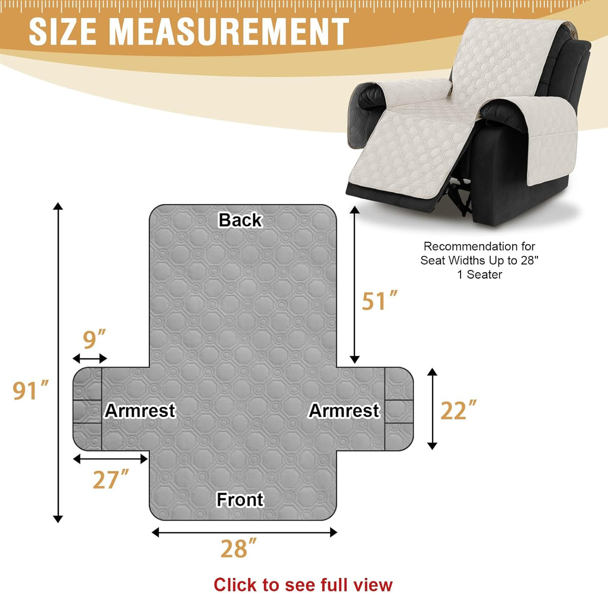 H.VERSAILTEX 100% Waterproof Recliner Chair Covers, Recliner Covers Non-Slip Stay in Place, Thick Cover for Recliner Chair with Pocket, Dog Couch Cover Protector Washable(Beige, 28")