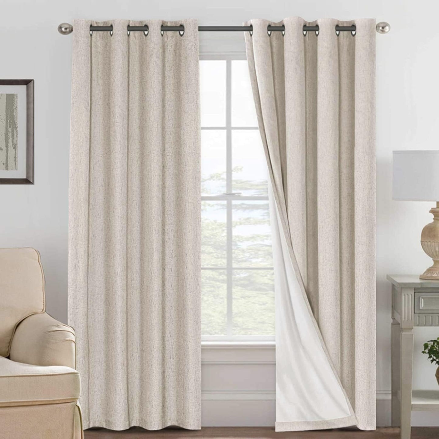 2 pcs  H.VERSAILTEX 100% Blackout Linen Curtains Full Light Blocking Curtains for Bedroom, Textured Window Curtains for Living Room, Energy Efficient Curtains White Liner