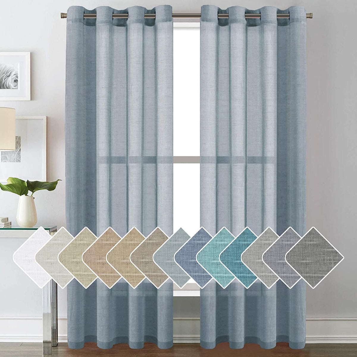 2pcs H.VERSAILTEX Natural Linen Sheer Curtains Flax Linen Blended Curtain Panels Living Room Sheer Curtains, Nickel Grommet Semitransparent Semi-Sheer Soft Privacy Drapes