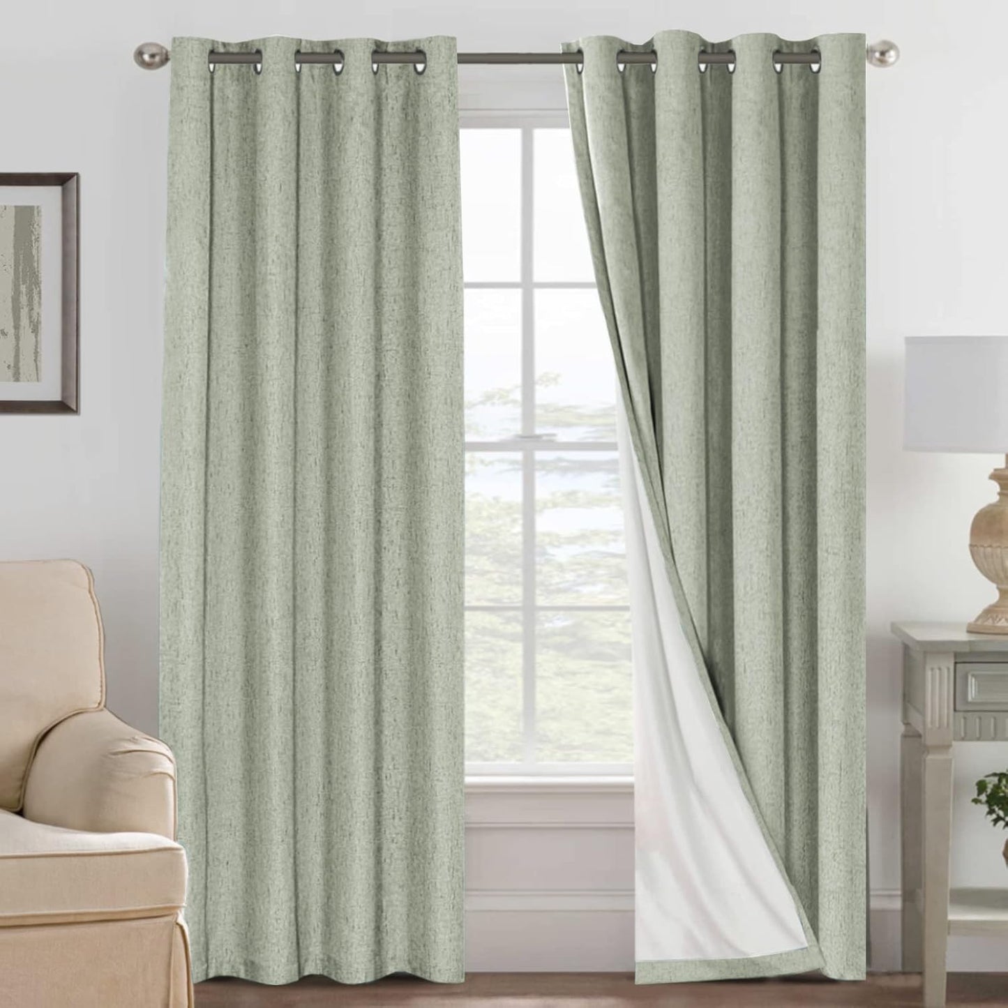 2 pcs  H.VERSAILTEX 100% Blackout Linen Curtains Full Light Blocking Curtains for Bedroom, Textured Window Curtains for Living Room, Energy Efficient Curtains White Liner