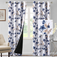 H.VERSAILTEX 100% Blackout Curtains for Living Room Camellia Floral 84 Inches Long Light Blocking Window Treatment with Black Liner Grommet Thermal Drapes, 2 Panels, Grey