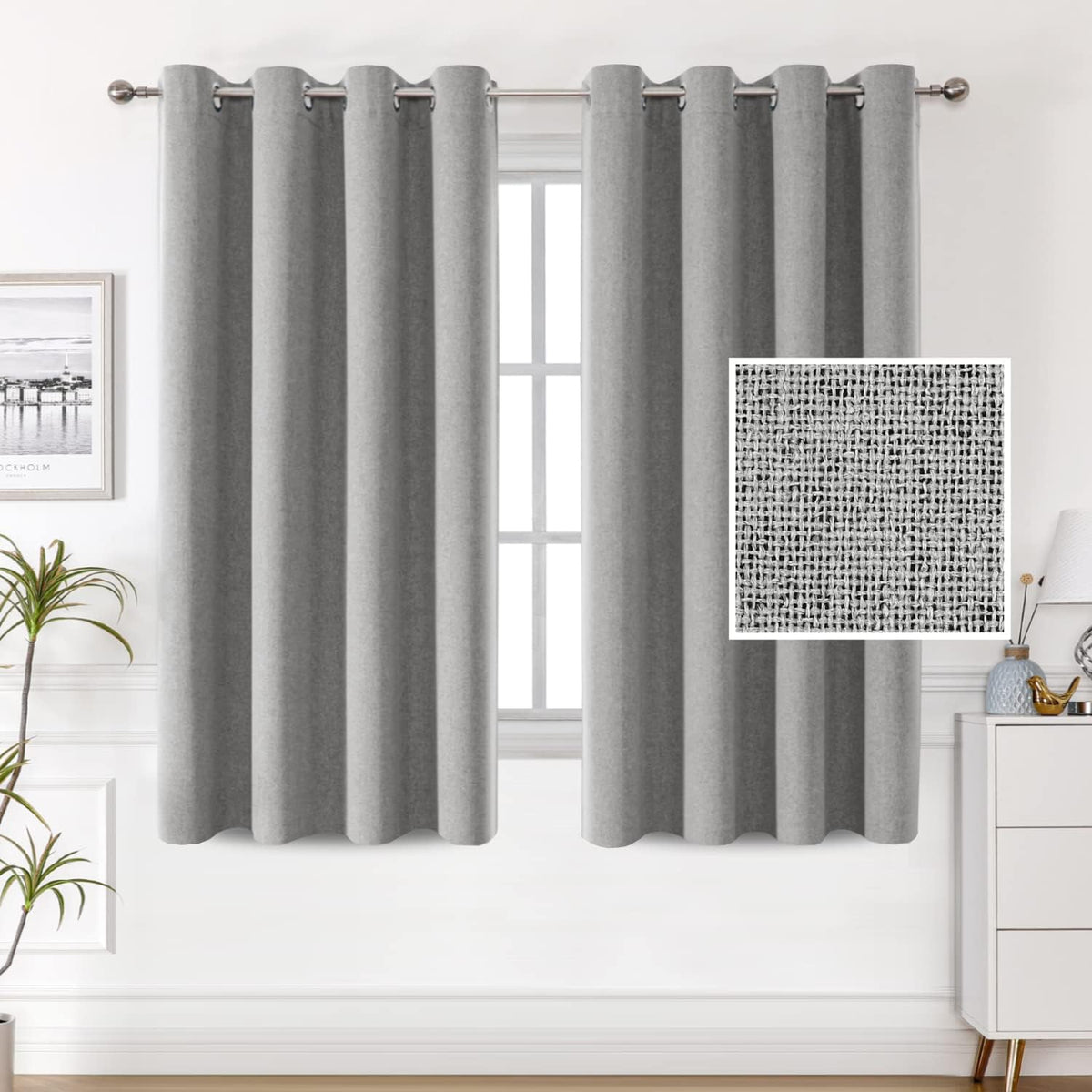 H.VERSAILTEX 100% Blackout Linen Curtains, Thermal Curtains for Living Room & Bedroom, Textured Burlap Curtains with Double Face Linen, Grommet Top, 52 x 84 Inch, 2 Panels - Heather Ivory