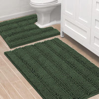 2pcs H.VERSAILTEX Sage Bathroom Rugs, Bath Mat Set of 2 Extra Thick Chenille Striped Pattern Shaggy Bath Rugs for Bathroom, Non Skid Bath Mats for Bathroom Floor