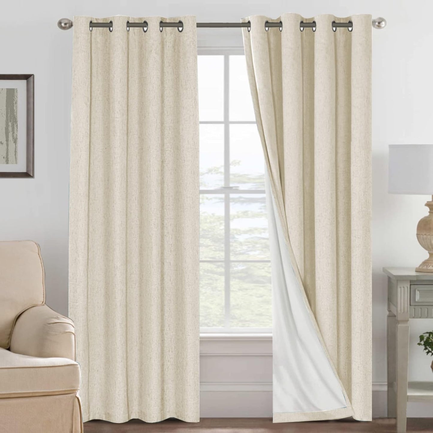 2 pcs  H.VERSAILTEX 100% Blackout Linen Curtains Full Light Blocking Curtains for Bedroom, Textured Window Curtains for Living Room, Energy Efficient Curtains White Liner