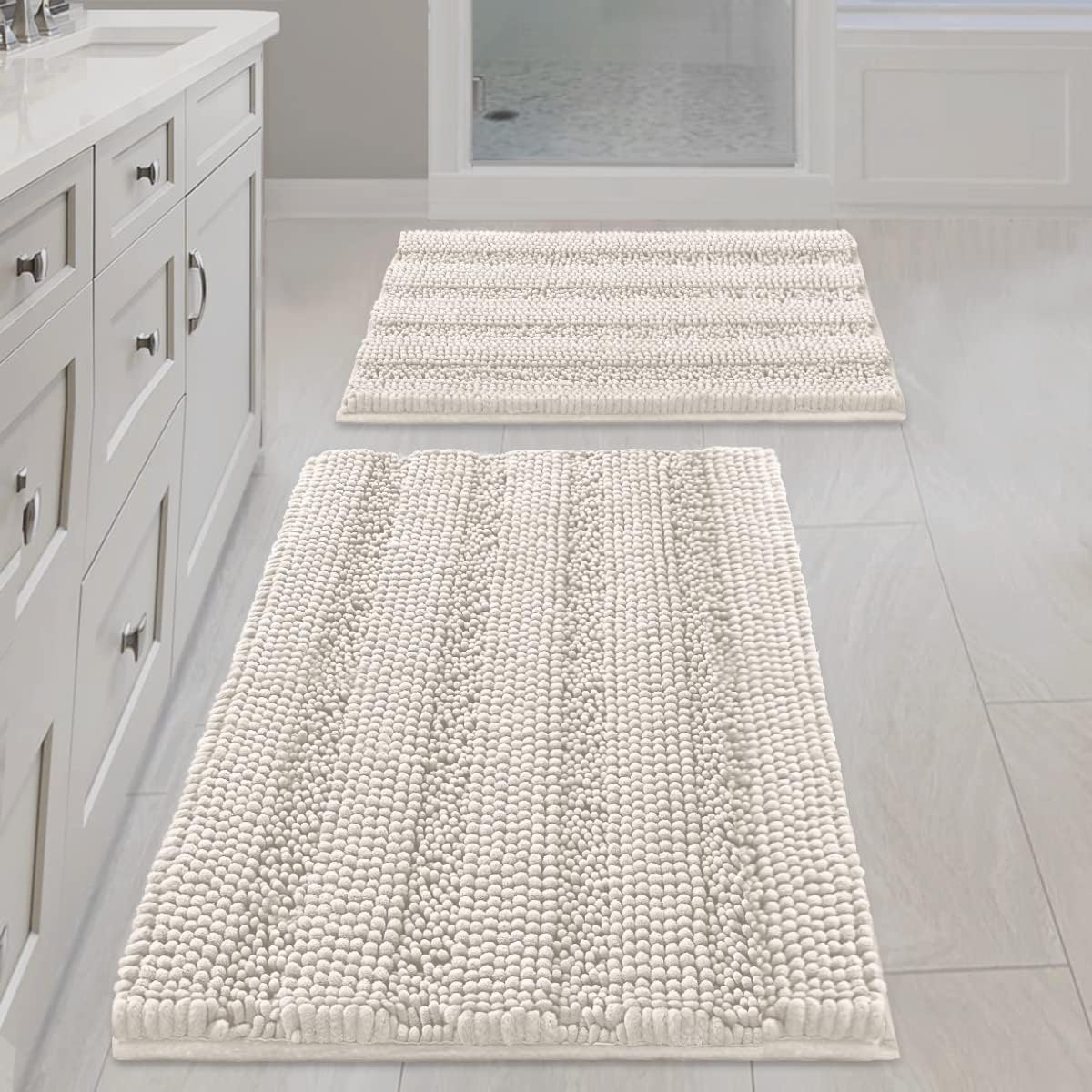 2pcs H.VERSAILTEX Sage Bathroom Rugs, Bath Mat Set of 2 Extra Thick Chenille Striped Pattern Shaggy Bath Rugs for Bathroom, Non Skid Bath Mats for Bathroom Floor