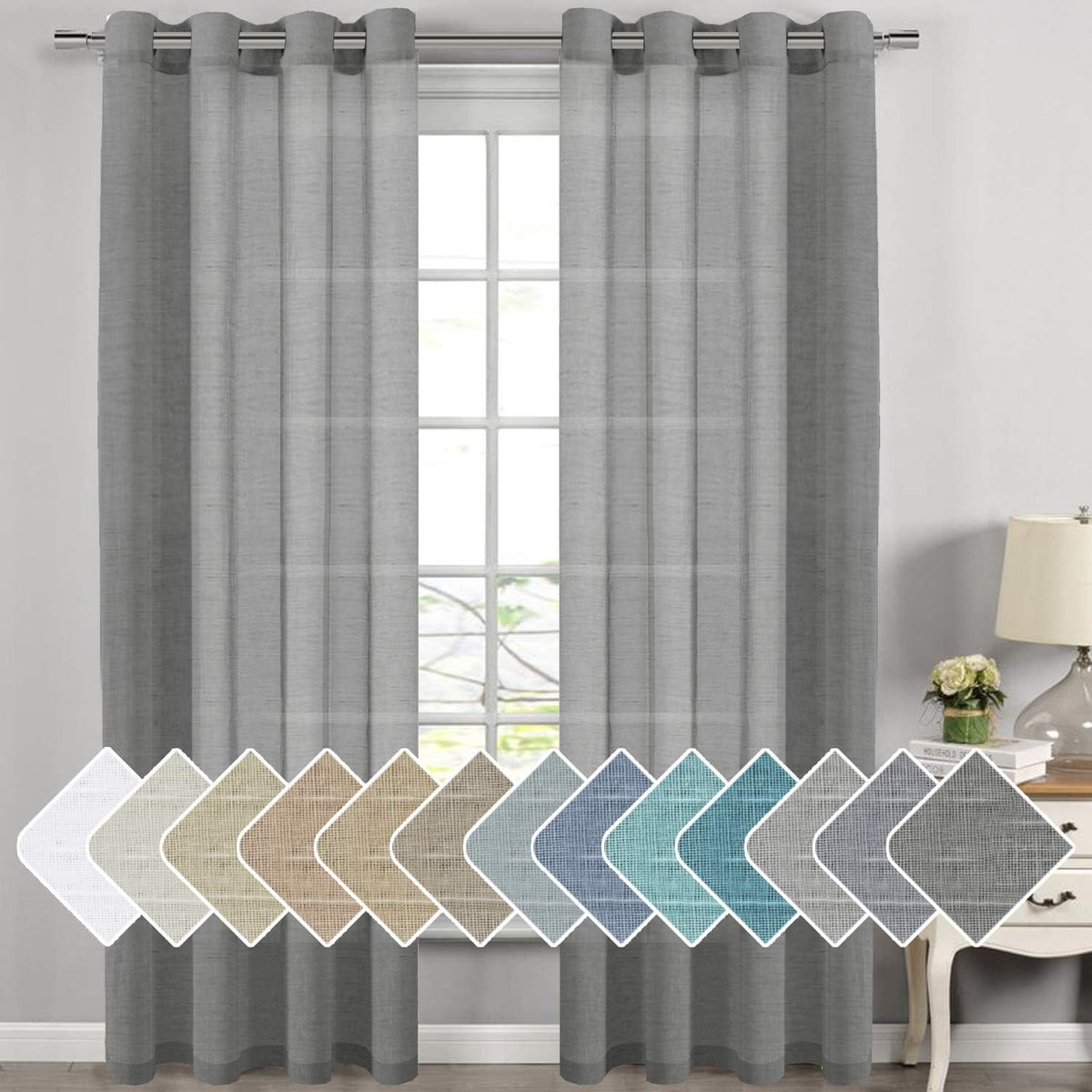 2pcs H.VERSAILTEX Natural Linen Sheer Curtains Flax Linen Blended Curtain Panels Living Room Sheer Curtains, Nickel Grommet Semitransparent Semi-Sheer Soft Privacy Drapes