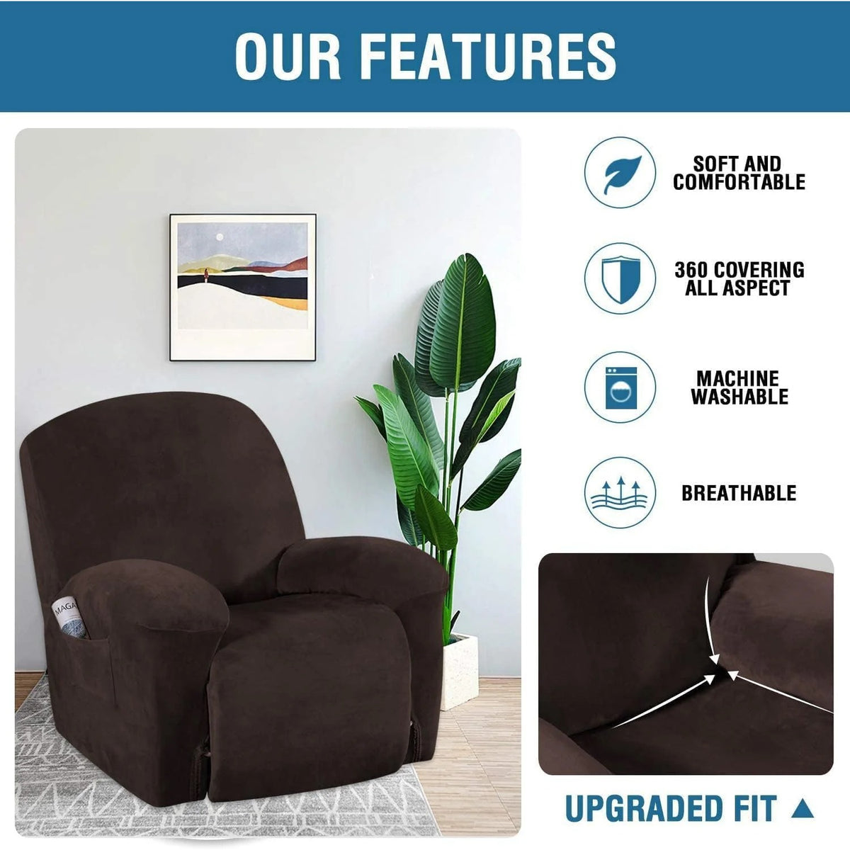 Velvet Plush Slip Covers for Recliners with Arms 1-Piece Stretch Recliner