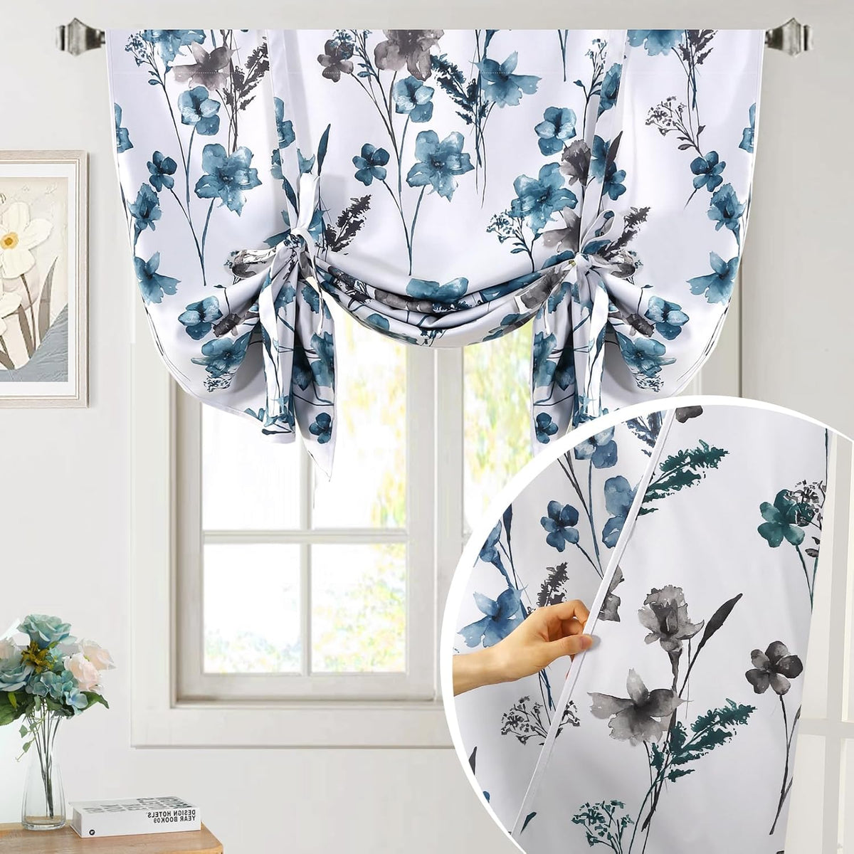 H.VERSAILTEX Tie Up Curtain Double Sided Cattleya Floral Printed Window Valance Balloon Roman Curtain, Rod Pocket - Reversible in Blue/Coral - W 42 x L 36