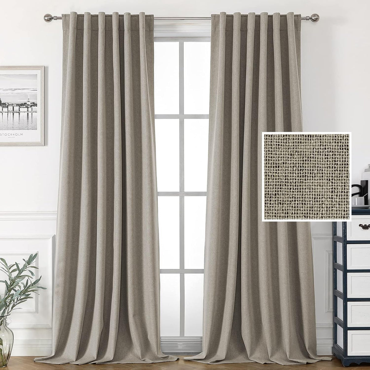 H.VERSAILTEX 100% Blackout Linen Look Curtains for Bedroom 84 inch Light Blocking Drapes with Double Face Linen Back Tab Loop Pocket Textured Burlap Curtains for Living Room 2 Panels, Heather White