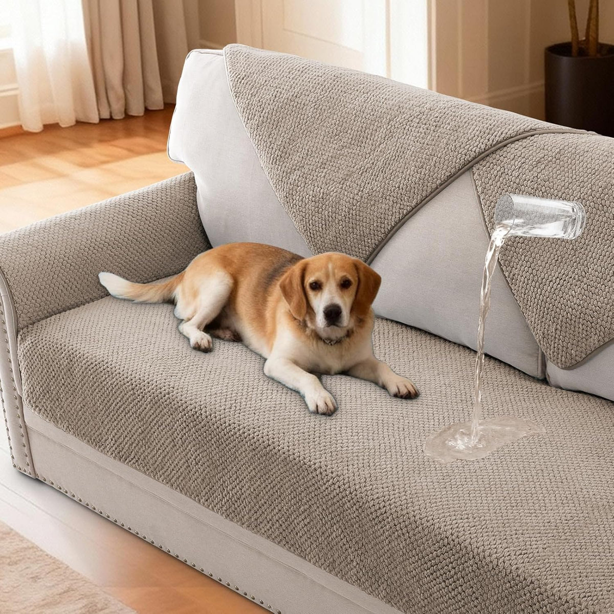 H.VERSAILTEX Waterproof Couch Cover Plush Sofa Cover with Strap Soft Anti Slip Sofa Slipcovers for 2 Cushion Couch Loveseat Couch Protector Cover for Dogs Cats Kids,36x48'',Khaki