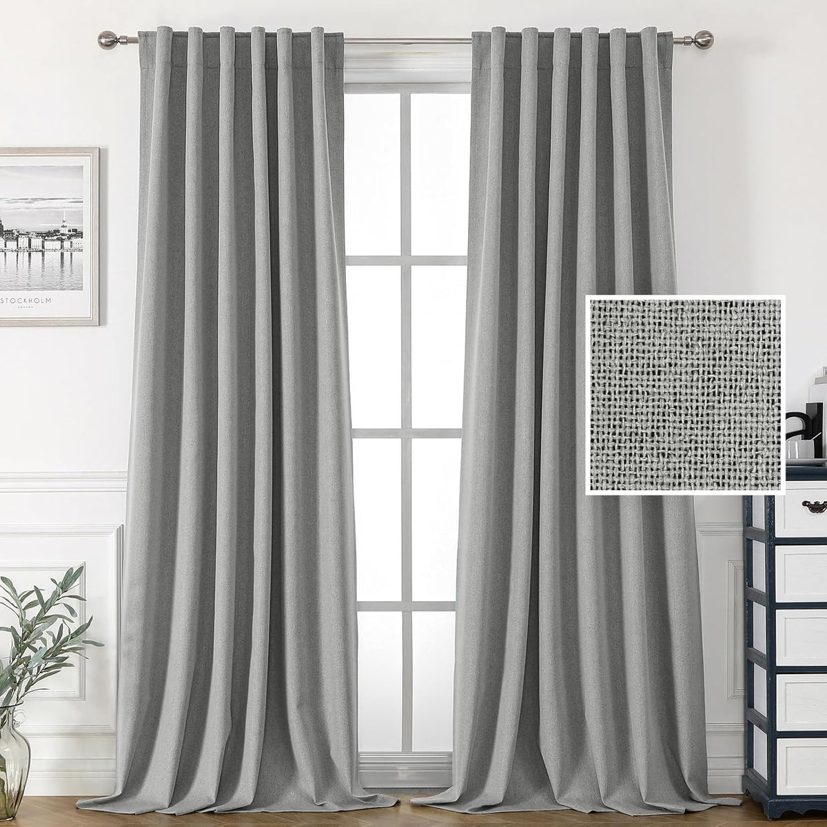 H.VERSAILTEX 100% Blackout Linen Look Curtains for Bedroom 84 inch Light Blocking Drapes with Double Face Linen Back Tab Loop Pocket Textured Burlap Curtains for Living Room 2 Panels, Heather White