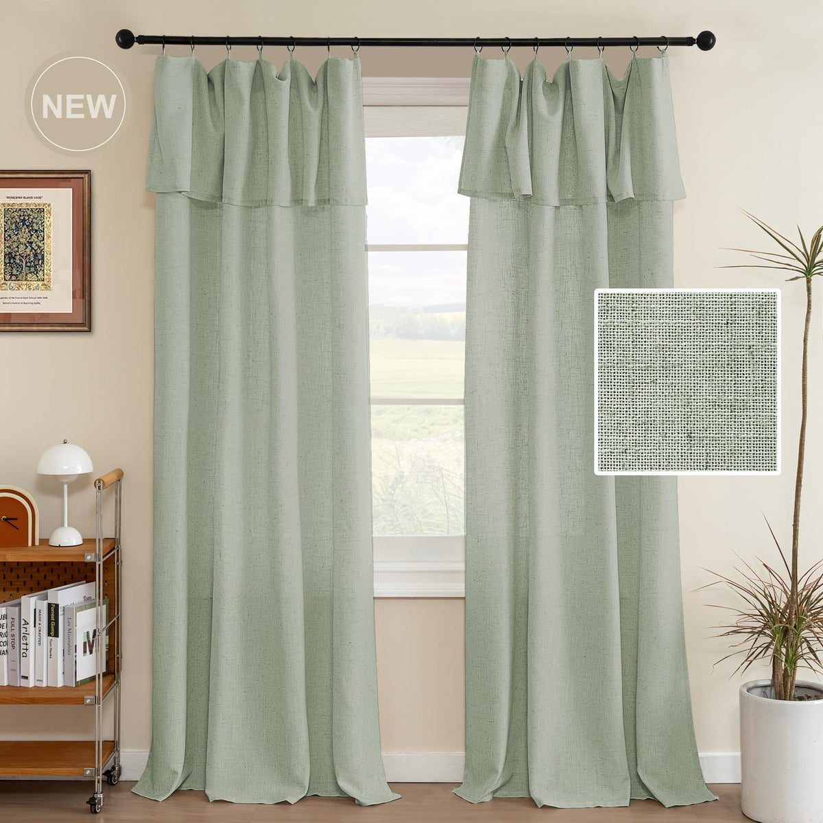 H.VERSAILTEX Linen Curtains with Attached Valance Living Room Boho Window Drapes 2 Panels Set Rod Pocket/Ring Top