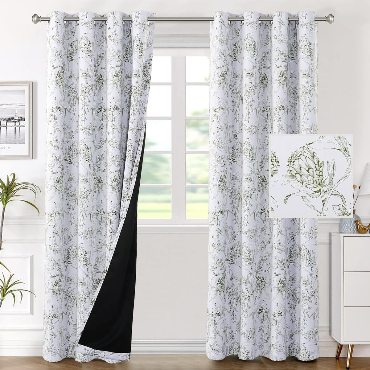 H.VERSAILTEX 100% Blackout Curtains for Living Room Camellia Floral 84 Inches Long Light Blocking Window Treatment with Black Liner Grommet Thermal Drapes, 2 Panels, Grey