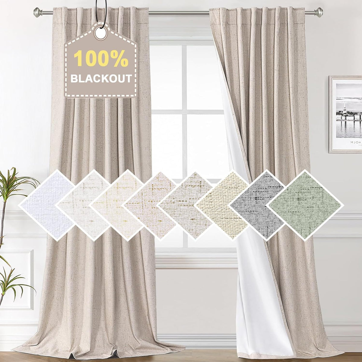100% Blackout Curtains for Bedroom Faux Linen Texture Thermal Back Tab/Rod Pocket/Hook Belt Draperies 2 Panels