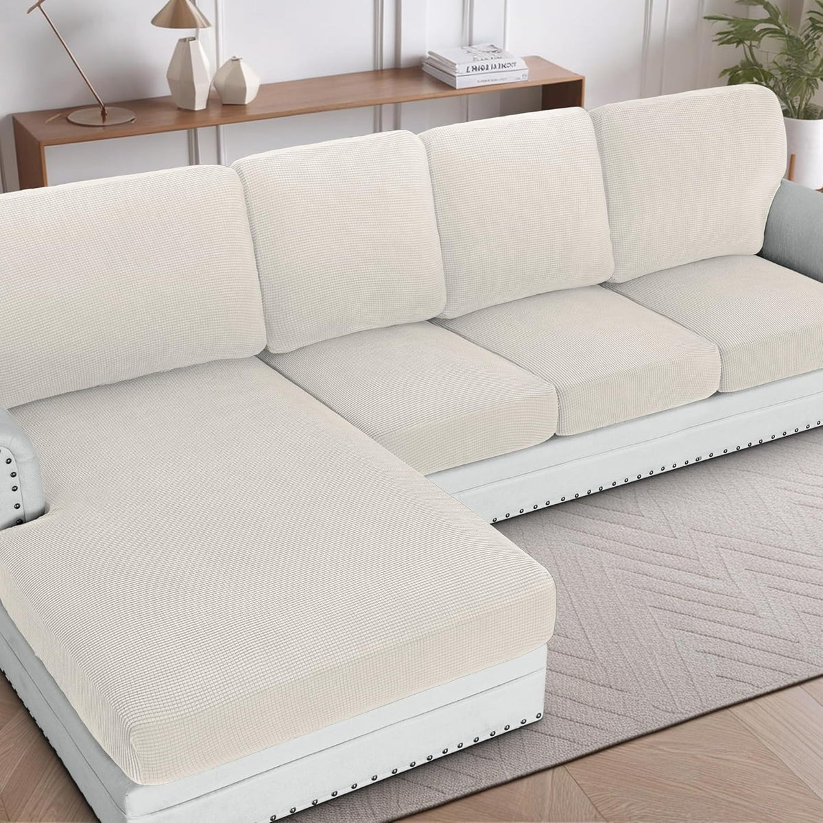H.VERSAILTEX Sectional Couch Covers 1 Piece Chaise Slipcover L Shape Separate Cushion Couch Cover for Both Left/Right Sectional Couch (Seat Only: 1 Chaises, Ivory)