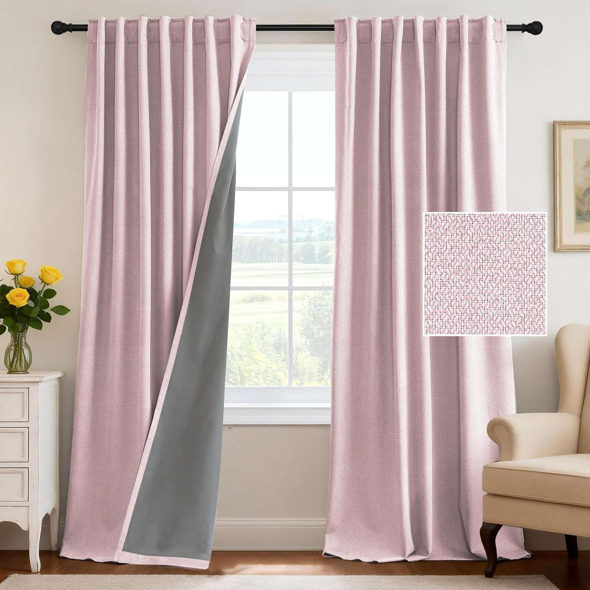 H.VERSAILTEX 100% Blackout Curtains Back Tab Full Light Blocking Curtain Draperies with Gray Coating Thermal Insulated Window Treatment Set of 2 Panels, 52" W x 84" L, Natural