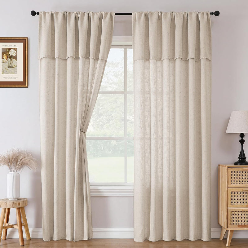 H.VERSAILTEX Linen Curtains with Attached Valance Living Room Boho Window Drapes 2 Panels Set Rod Pocket/Ring Top