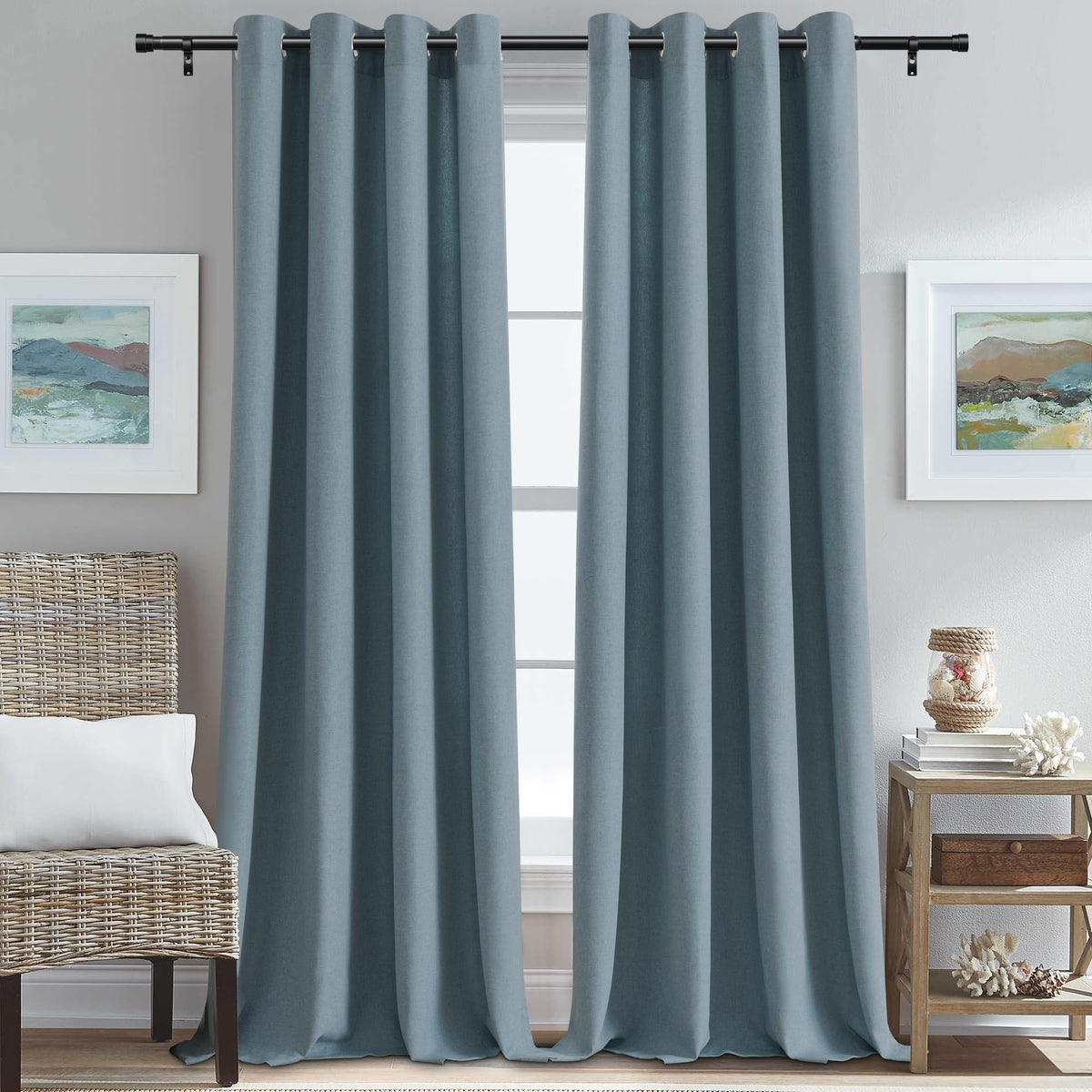 H.VERSAILTEX Grommet Natural Linen Textured Kitchen Curtains 45 inch Length, Thick Faux Linen Room Darkening Window Treatment Set for Farmhouse/Bedroom 52W x 45L,2 Panels,Heather Aqua
