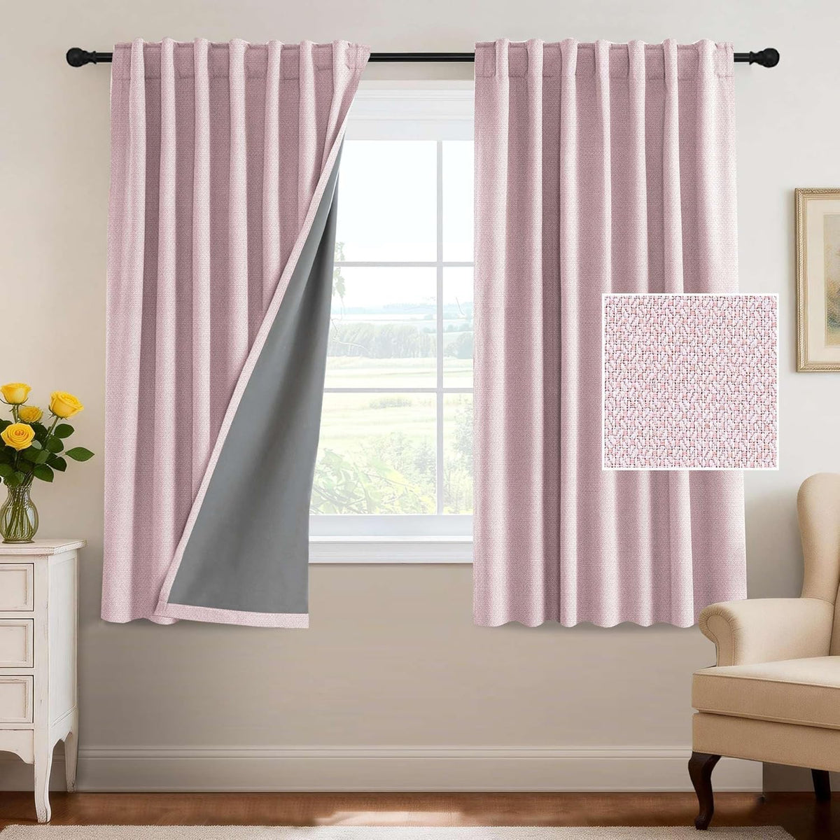 H.VERSAILTEX 100% Blackout Curtains Back Tab Full Light Blocking Curtain Draperies with Gray Coating Thermal Insulated Window Treatment Set of 2 Panels, 52" W x 84" L, Natural