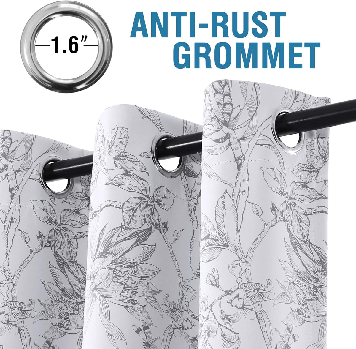 H.VERSAILTEX 100% Blackout Curtains for Living Room Camellia Floral 84 Inches Long Light Blocking Window Treatment with Black Liner Grommet Thermal Drapes, 2 Panels, Grey