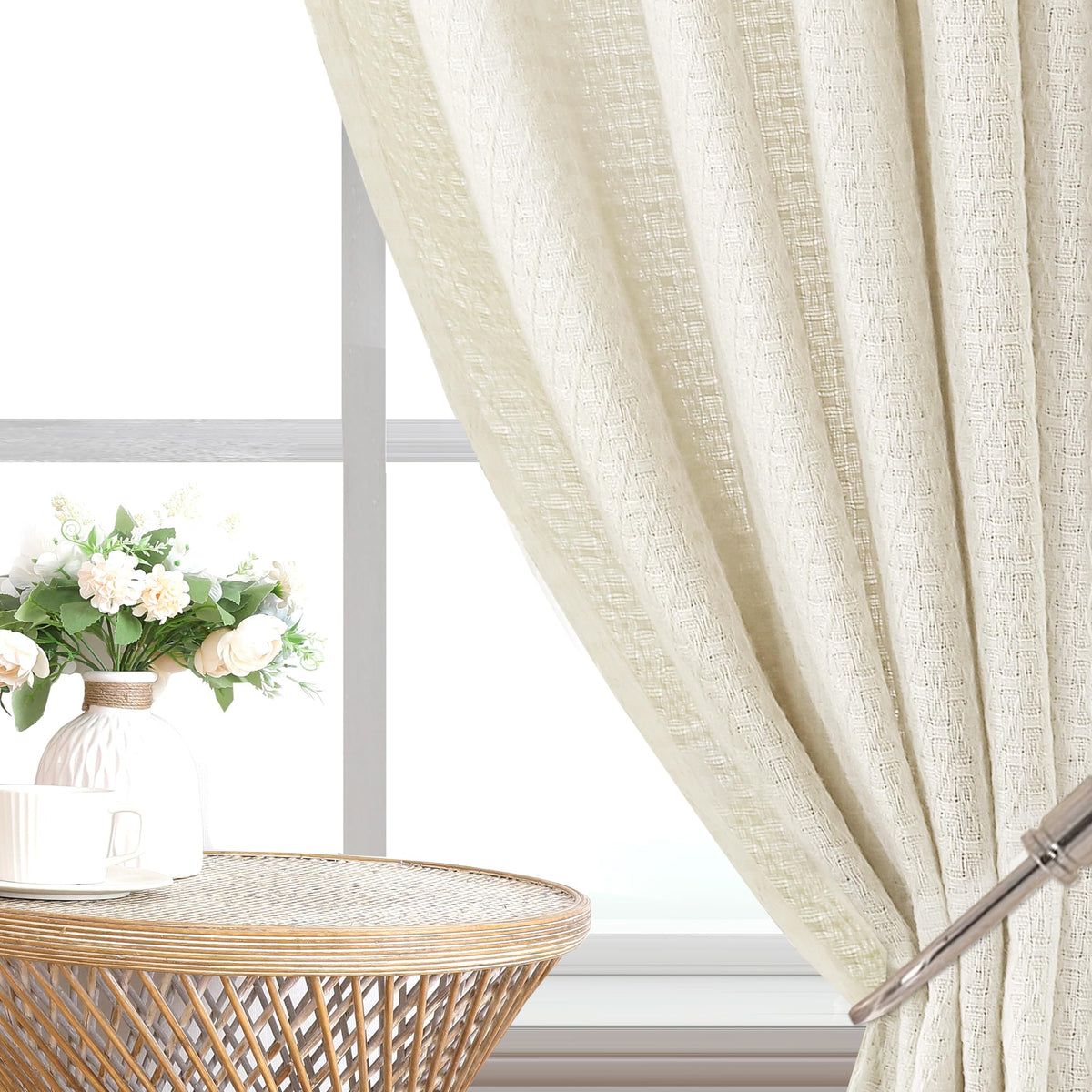 H.VERSAILTEX Boho Linen Curtain Light Filtering Back Tab, Set of 2 Panels