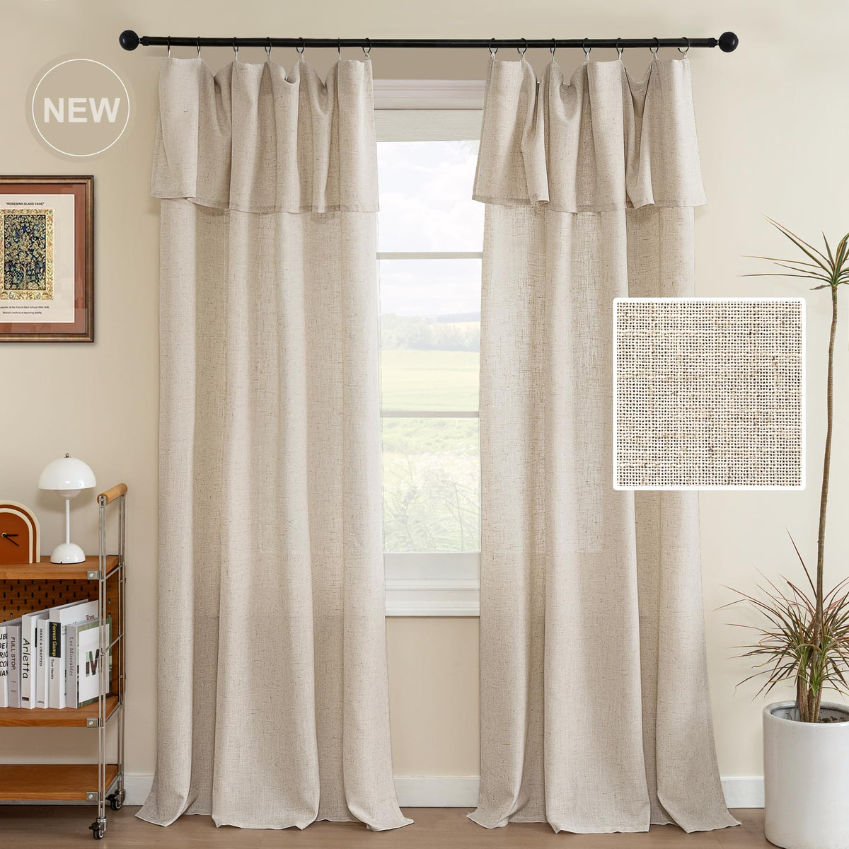 H.VERSAILTEX Linen Curtains with Attached Valance Living Room Boho Window Drapes 2 Panels Set Rod Pocket/Ring Top